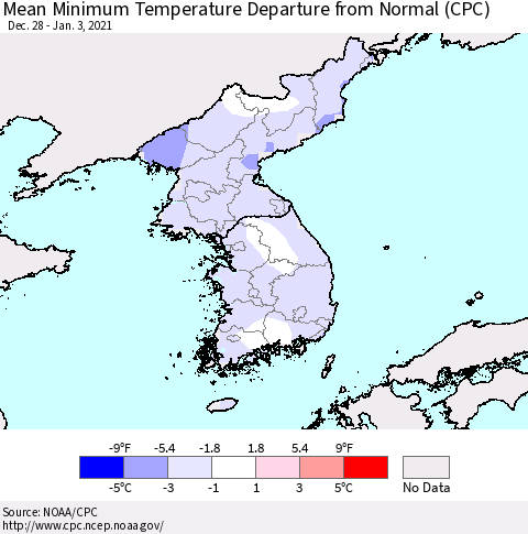 Korea Mean Minimum Temperature Departure from Normal (CPC) Thematic Map For 12/28/2020 - 1/3/2021