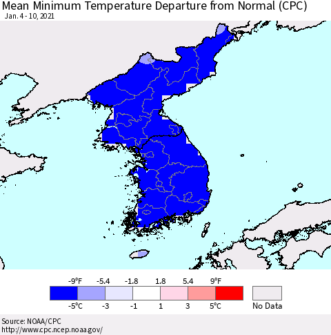 Korea Mean Minimum Temperature Departure from Normal (CPC) Thematic Map For 1/4/2021 - 1/10/2021
