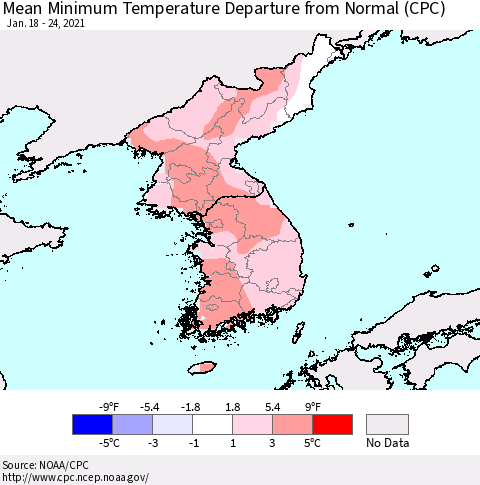 Korea Mean Minimum Temperature Departure from Normal (CPC) Thematic Map For 1/18/2021 - 1/24/2021