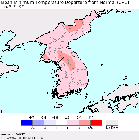 Korea Mean Minimum Temperature Departure from Normal (CPC) Thematic Map For 1/25/2021 - 1/31/2021