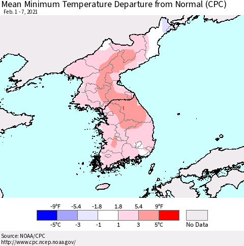 Korea Mean Minimum Temperature Departure from Normal (CPC) Thematic Map For 2/1/2021 - 2/7/2021