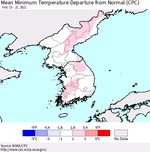 Korea Mean Minimum Temperature Departure from Normal (CPC) Thematic Map For 2/15/2021 - 2/21/2021