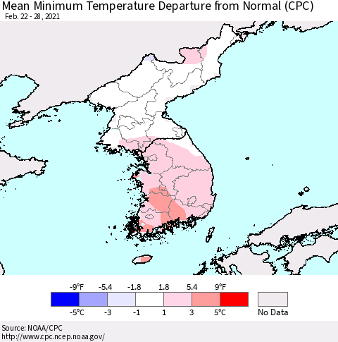 Korea Mean Minimum Temperature Departure from Normal (CPC) Thematic Map For 2/22/2021 - 2/28/2021