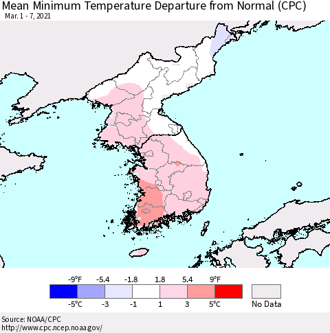 Korea Mean Minimum Temperature Departure from Normal (CPC) Thematic Map For 3/1/2021 - 3/7/2021