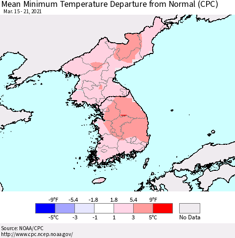 Korea Mean Minimum Temperature Departure from Normal (CPC) Thematic Map For 3/15/2021 - 3/21/2021