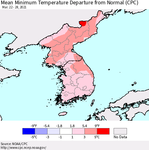 Korea Mean Minimum Temperature Departure from Normal (CPC) Thematic Map For 3/22/2021 - 3/28/2021