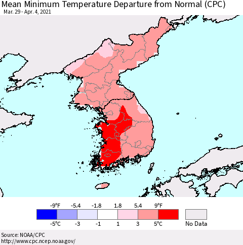 Korea Mean Minimum Temperature Departure from Normal (CPC) Thematic Map For 3/29/2021 - 4/4/2021