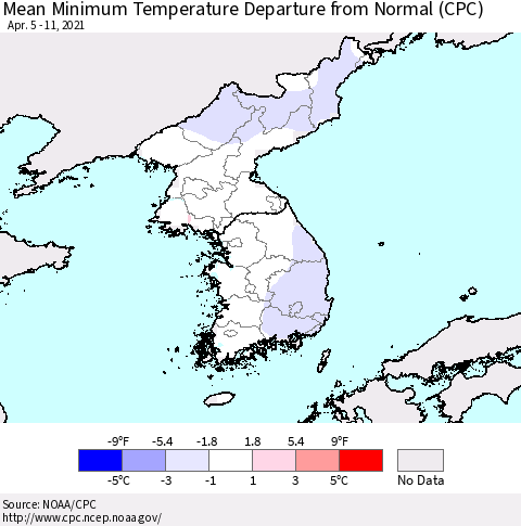Korea Mean Minimum Temperature Departure from Normal (CPC) Thematic Map For 4/5/2021 - 4/11/2021