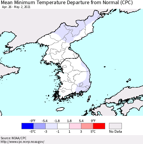 Korea Mean Minimum Temperature Departure from Normal (CPC) Thematic Map For 4/26/2021 - 5/2/2021