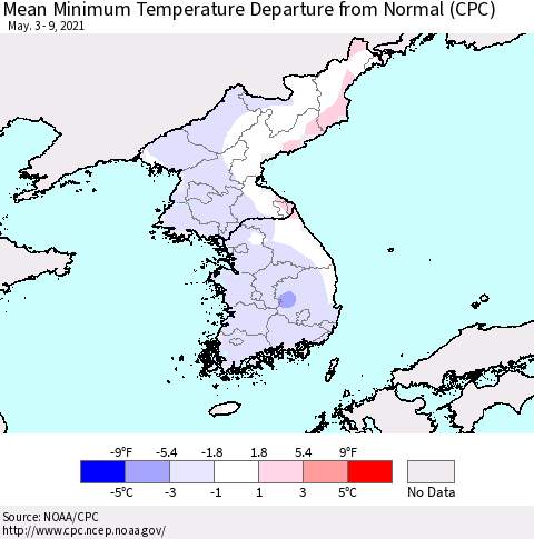 Korea Mean Minimum Temperature Departure from Normal (CPC) Thematic Map For 5/3/2021 - 5/9/2021