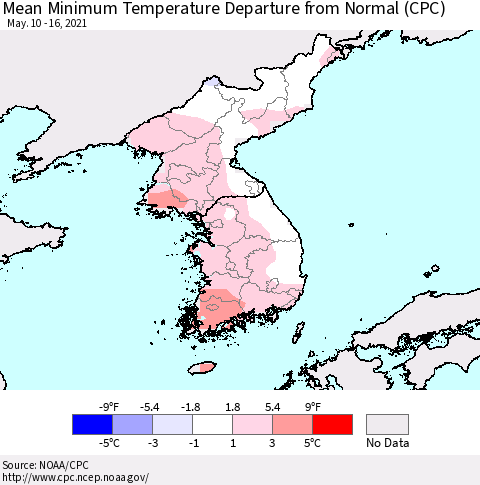 Korea Mean Minimum Temperature Departure from Normal (CPC) Thematic Map For 5/10/2021 - 5/16/2021