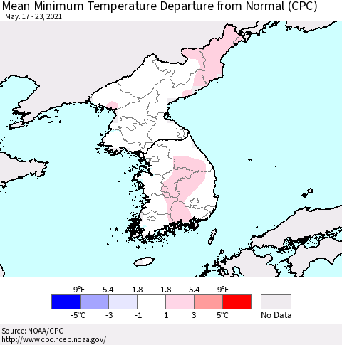 Korea Mean Minimum Temperature Departure from Normal (CPC) Thematic Map For 5/17/2021 - 5/23/2021