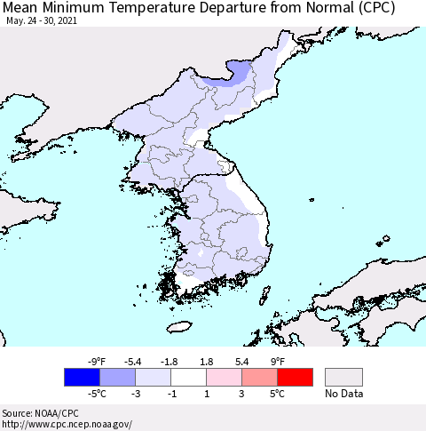 Korea Mean Minimum Temperature Departure from Normal (CPC) Thematic Map For 5/24/2021 - 5/30/2021