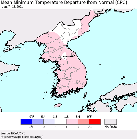 Korea Mean Minimum Temperature Departure from Normal (CPC) Thematic Map For 6/7/2021 - 6/13/2021