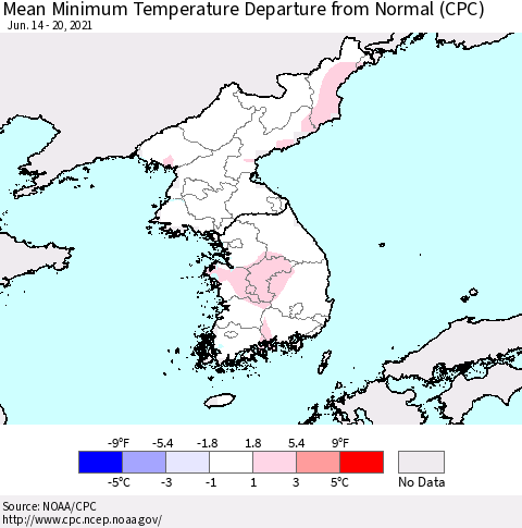 Korea Mean Minimum Temperature Departure from Normal (CPC) Thematic Map For 6/14/2021 - 6/20/2021
