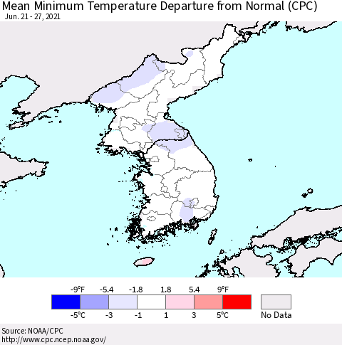 Korea Mean Minimum Temperature Departure from Normal (CPC) Thematic Map For 6/21/2021 - 6/27/2021