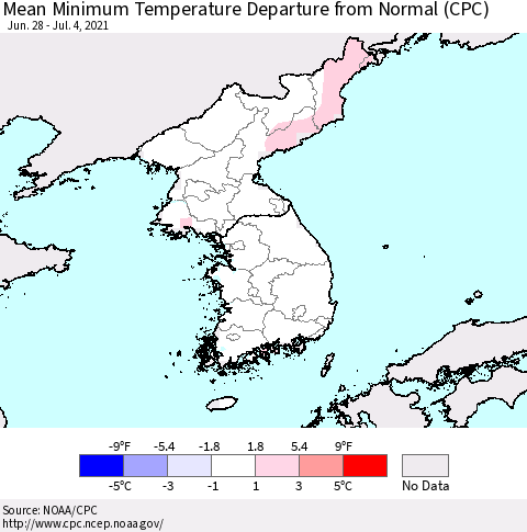Korea Mean Minimum Temperature Departure from Normal (CPC) Thematic Map For 6/28/2021 - 7/4/2021