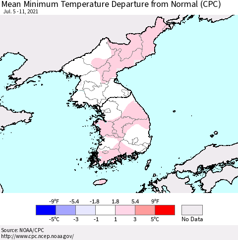 Korea Mean Minimum Temperature Departure from Normal (CPC) Thematic Map For 7/5/2021 - 7/11/2021