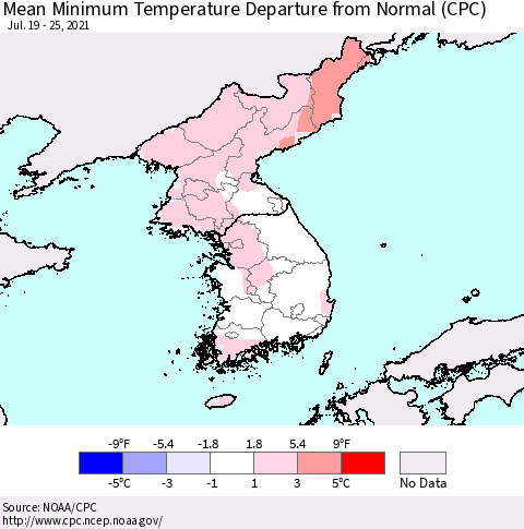 Korea Mean Minimum Temperature Departure from Normal (CPC) Thematic Map For 7/19/2021 - 7/25/2021