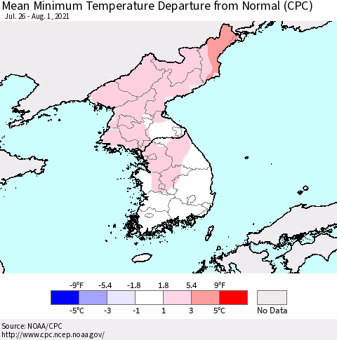 Korea Mean Minimum Temperature Departure from Normal (CPC) Thematic Map For 7/26/2021 - 8/1/2021
