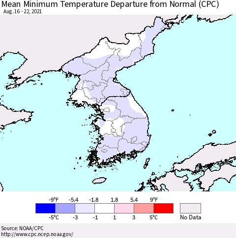 Korea Mean Minimum Temperature Departure from Normal (CPC) Thematic Map For 8/16/2021 - 8/22/2021