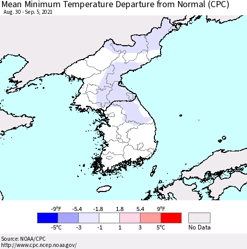 Korea Mean Minimum Temperature Departure from Normal (CPC) Thematic Map For 8/30/2021 - 9/5/2021