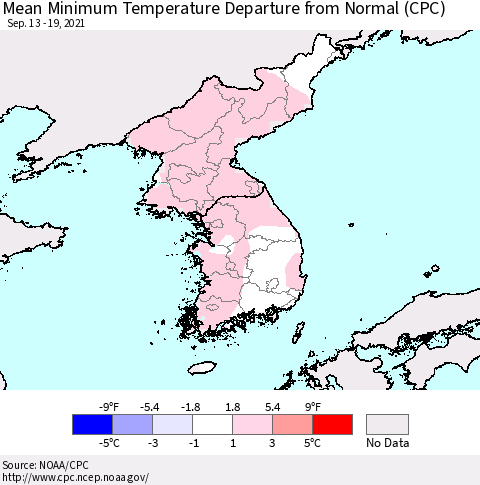 Korea Mean Minimum Temperature Departure from Normal (CPC) Thematic Map For 9/13/2021 - 9/19/2021