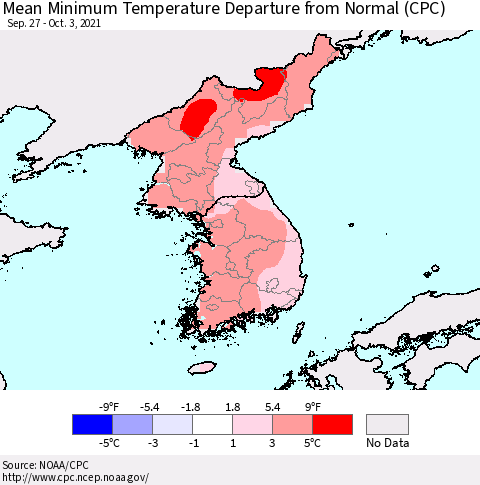 Korea Mean Minimum Temperature Departure from Normal (CPC) Thematic Map For 9/27/2021 - 10/3/2021