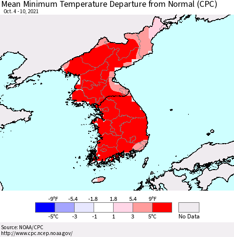 Korea Mean Minimum Temperature Departure from Normal (CPC) Thematic Map For 10/4/2021 - 10/10/2021