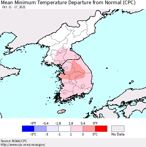 Korea Mean Minimum Temperature Departure from Normal (CPC) Thematic Map For 10/11/2021 - 10/17/2021