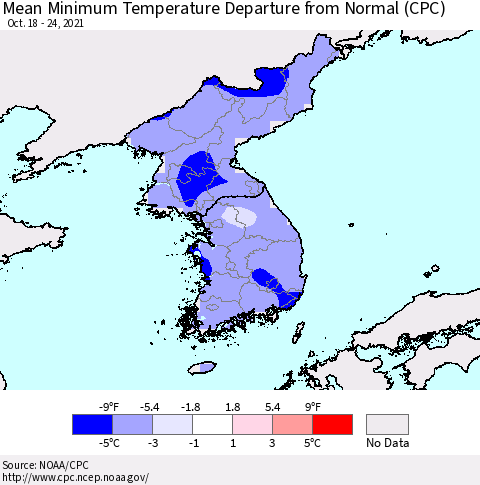 Korea Mean Minimum Temperature Departure from Normal (CPC) Thematic Map For 10/18/2021 - 10/24/2021