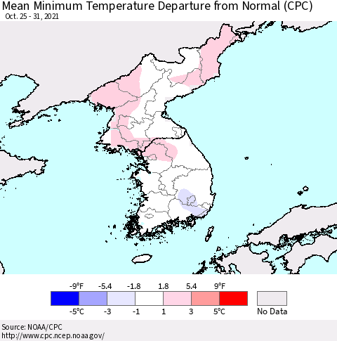 Korea Mean Minimum Temperature Departure from Normal (CPC) Thematic Map For 10/25/2021 - 10/31/2021