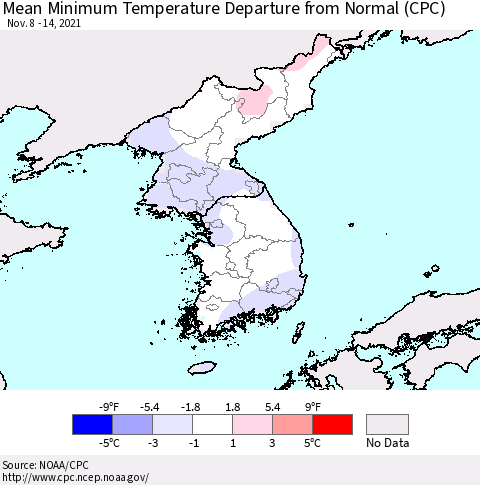 Korea Mean Minimum Temperature Departure from Normal (CPC) Thematic Map For 11/8/2021 - 11/14/2021