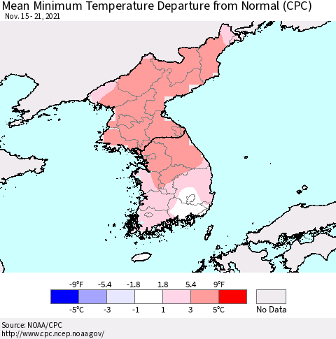 Korea Mean Minimum Temperature Departure from Normal (CPC) Thematic Map For 11/15/2021 - 11/21/2021