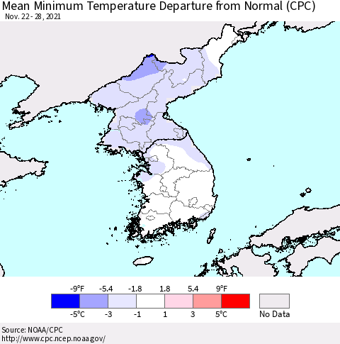 Korea Mean Minimum Temperature Departure from Normal (CPC) Thematic Map For 11/22/2021 - 11/28/2021
