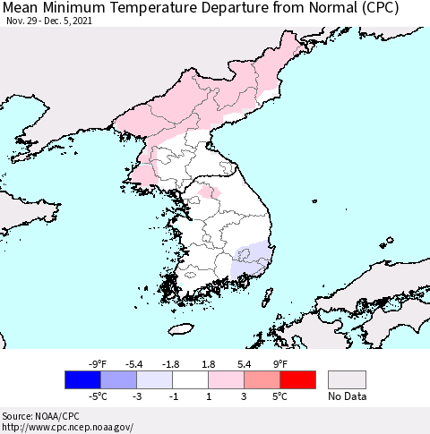 Korea Mean Minimum Temperature Departure from Normal (CPC) Thematic Map For 11/29/2021 - 12/5/2021