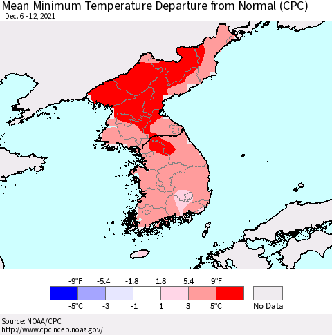 Korea Mean Minimum Temperature Departure from Normal (CPC) Thematic Map For 12/6/2021 - 12/12/2021