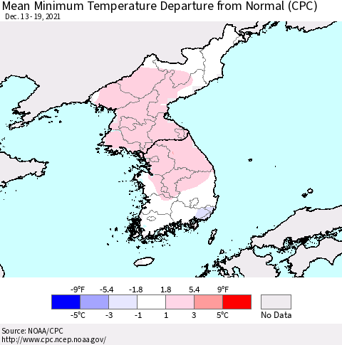 Korea Mean Minimum Temperature Departure from Normal (CPC) Thematic Map For 12/13/2021 - 12/19/2021