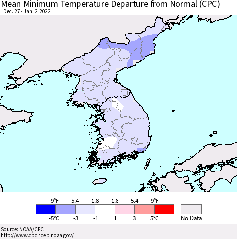 Korea Mean Minimum Temperature Departure from Normal (CPC) Thematic Map For 12/27/2021 - 1/2/2022