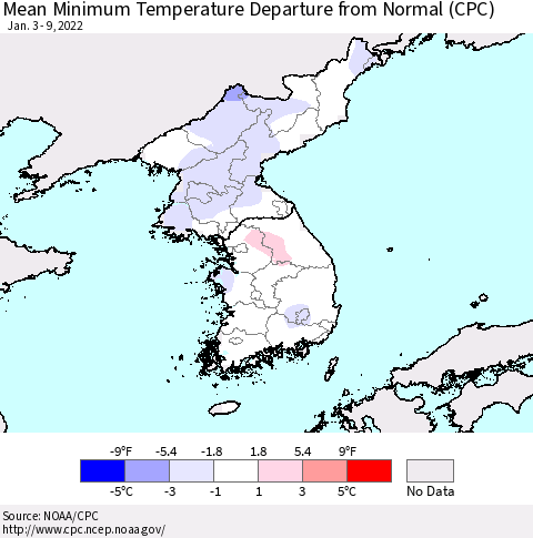 Korea Mean Minimum Temperature Departure from Normal (CPC) Thematic Map For 1/3/2022 - 1/9/2022