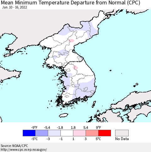 Korea Mean Minimum Temperature Departure from Normal (CPC) Thematic Map For 1/10/2022 - 1/16/2022