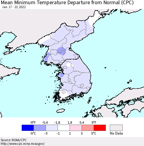 Korea Mean Minimum Temperature Departure from Normal (CPC) Thematic Map For 1/17/2022 - 1/23/2022