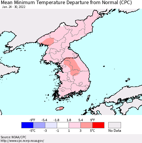 Korea Mean Minimum Temperature Departure from Normal (CPC) Thematic Map For 1/24/2022 - 1/30/2022