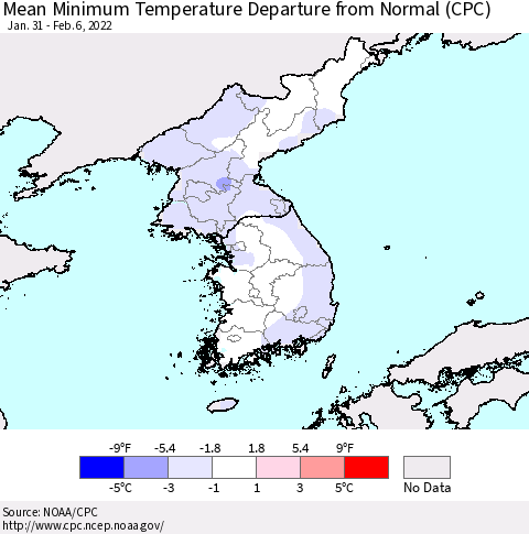 Korea Mean Minimum Temperature Departure from Normal (CPC) Thematic Map For 1/31/2022 - 2/6/2022