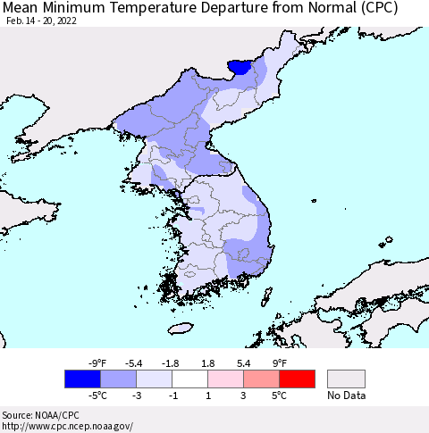 Korea Mean Minimum Temperature Departure from Normal (CPC) Thematic Map For 2/14/2022 - 2/20/2022