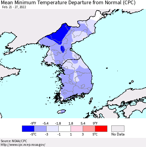 Korea Mean Minimum Temperature Departure from Normal (CPC) Thematic Map For 2/21/2022 - 2/27/2022