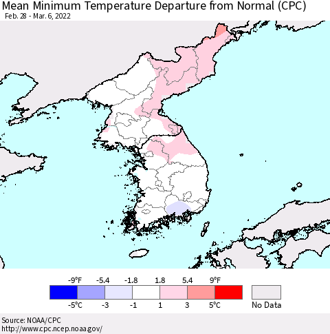 Korea Mean Minimum Temperature Departure from Normal (CPC) Thematic Map For 2/28/2022 - 3/6/2022