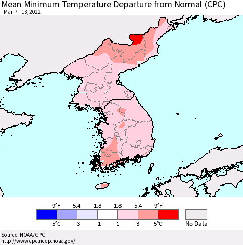 Korea Mean Minimum Temperature Departure from Normal (CPC) Thematic Map For 3/7/2022 - 3/13/2022