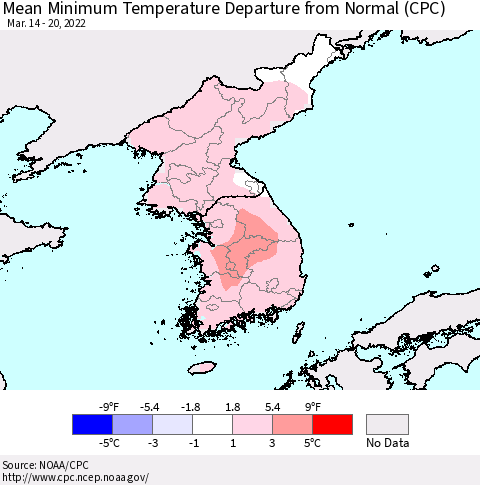 Korea Mean Minimum Temperature Departure from Normal (CPC) Thematic Map For 3/14/2022 - 3/20/2022