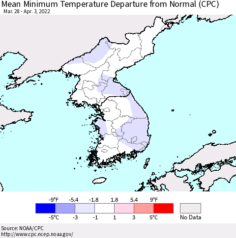 Korea Mean Minimum Temperature Departure from Normal (CPC) Thematic Map For 3/28/2022 - 4/3/2022